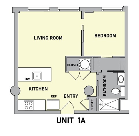 Floor plan for 1 bed, 1 bath, 691 sqft